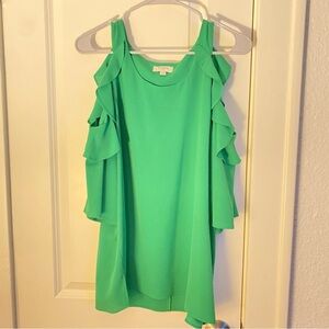 Umgee, green ruffled, cold-shoulder blouse, size L.
